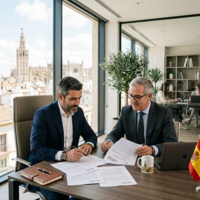 Asesor revisando documentos de empresa en oficina de Sevilla