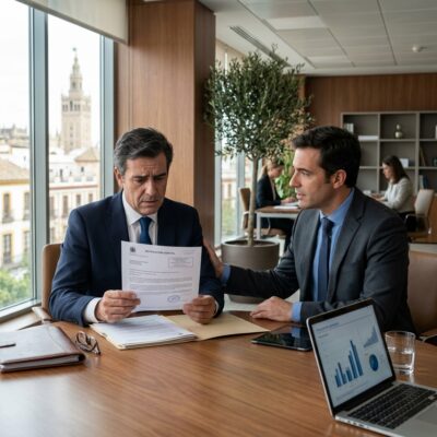 Empresario preocupado con una notificación de Hacienda junto a su asesor experto