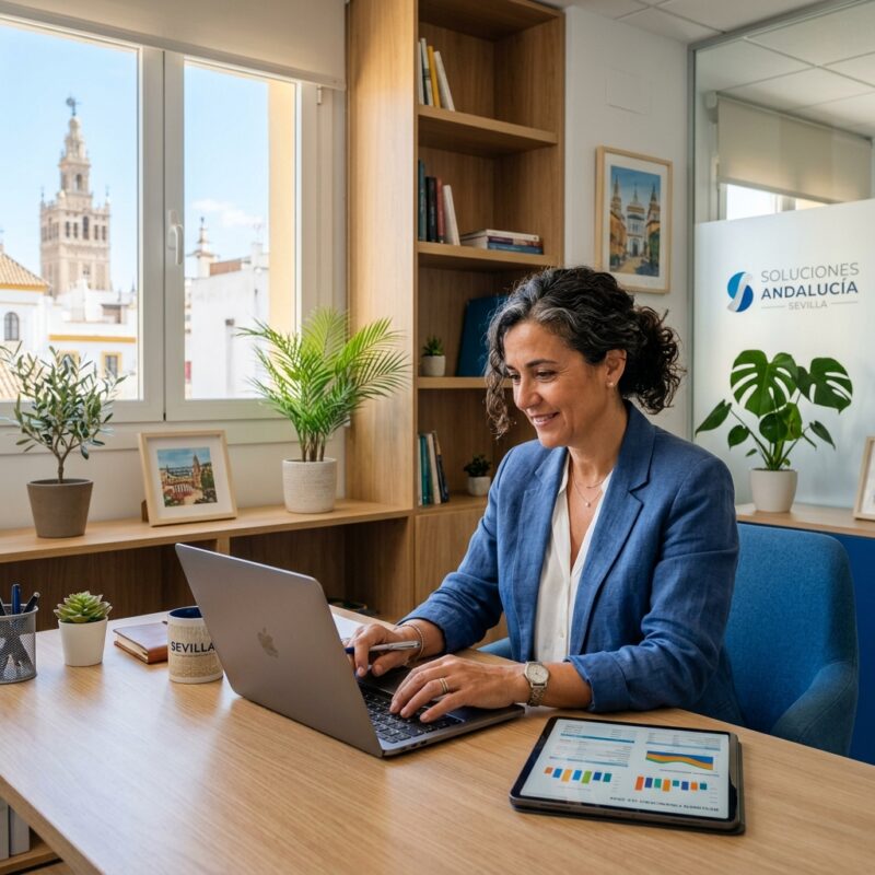 Profesional gestionando la factura electrónica obligatoria desde su oficina en Sevilla